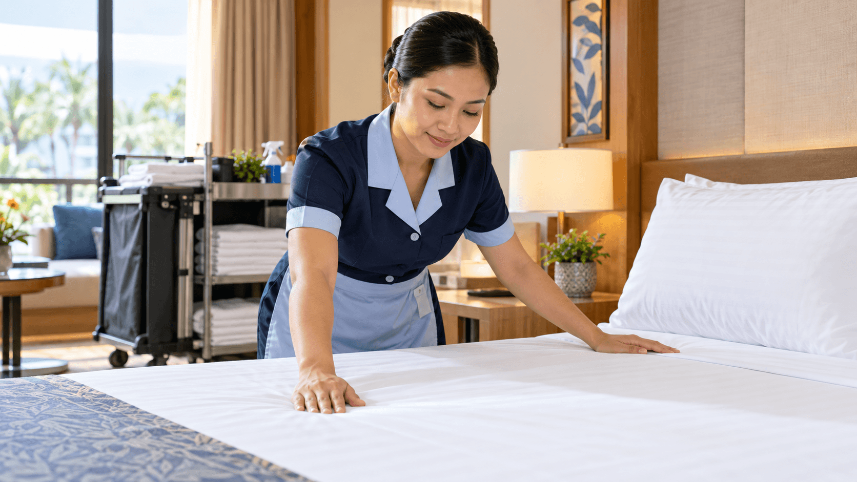 Illustrative course image: A housekeeping trainee preparing a guest room